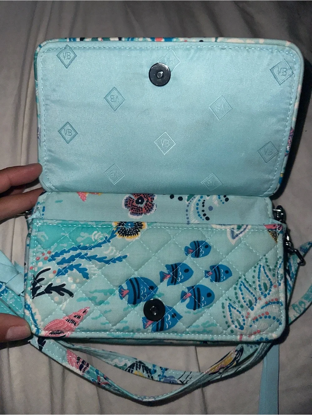 Vera Bradley Quilted Sea Life Crossbody in Light Aqua and Coral Accents